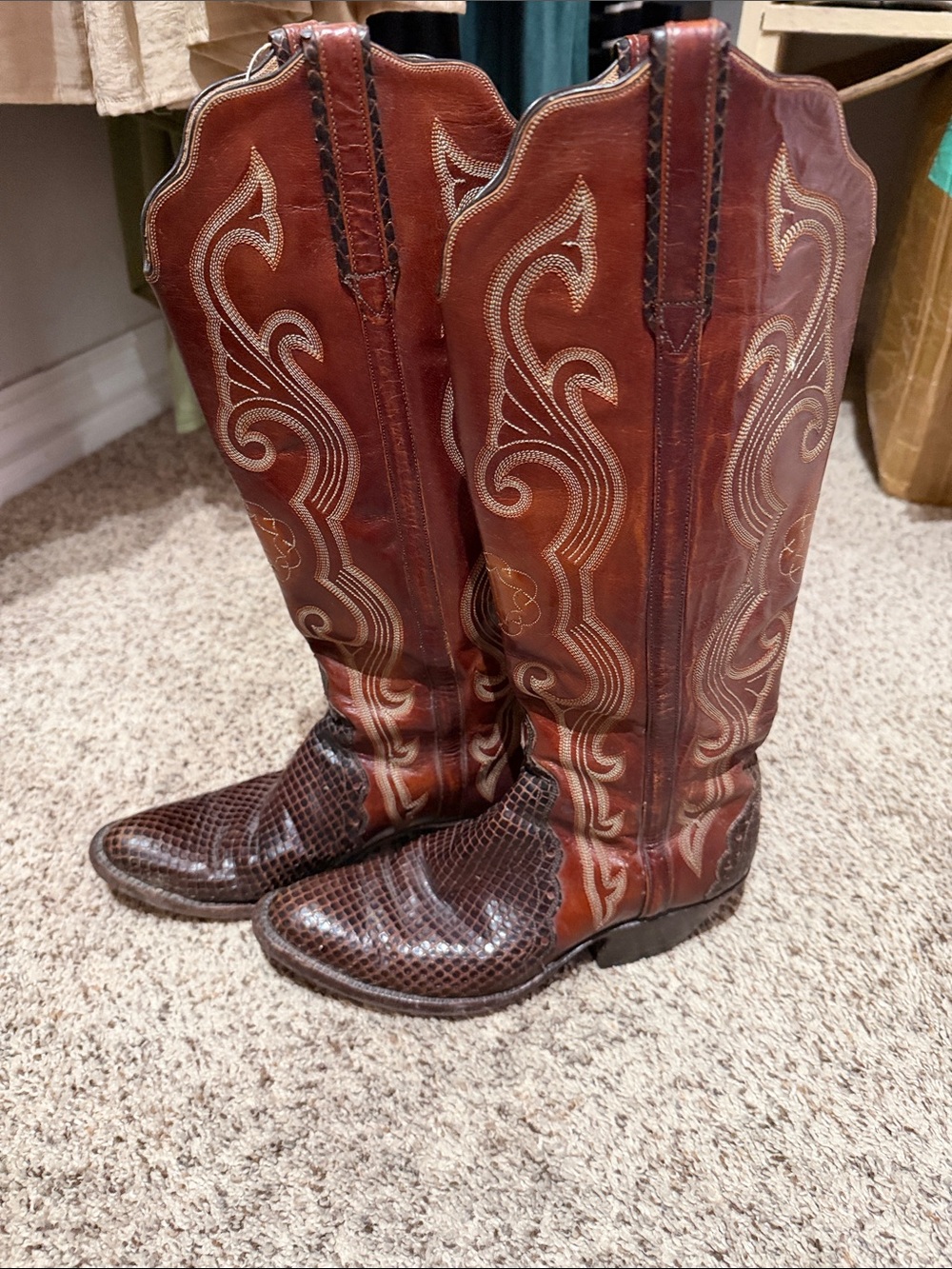 Vintage Brown Tooled Leather Western Heeled Boots
